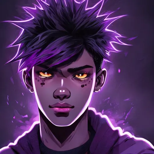 Prompt: Detailed illustration of a hot 19-year-old male, black hair with purple highlights, void-like eyes, high quality, detailed eyes, anime, cool tones, detailed hair, atmospheric lighting