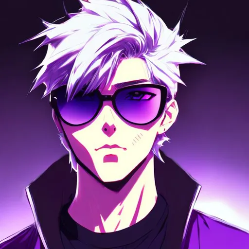 Prompt: Anime illustration of a male
 character with snow-white hair, vibrant purple eyes, and casual look with black sunglasses, detailed eyes, sleek design, professional, cool tones, atmospheric lighting, high quality