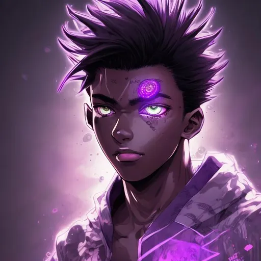 Prompt: Detailed illustration of a hot 19-year-old male, black hair with purple highlights, void-like eyes, high quality, detailed eyes, misc-manga, cool tones, detailed hair, atmospheric lighting