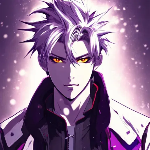 Prompt: Anime illustration of a male character with snow-white hair, vibrant purple eyes, casual look, detailed eyes, sleek design, professional, cool tones, atmospheric lighting, high quality