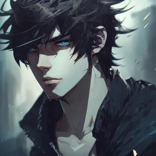Prompt: Male character with messy black hair, intense dark blue eyes, detailed facial features, high-quality rendering, anime style, cool tones, atmospheric lighting, anime illustration, detailed eyes, cool-toned, professional, ultra-detailed, atmospheric lighting