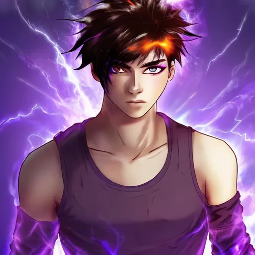 Prompt: a hot 19 year old male that has black hair with purple high ligths and eyes like fire