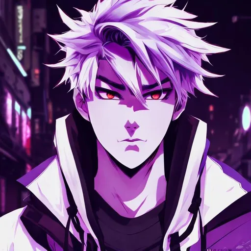 Prompt: Anime illustration of a male character with snow-white hair, vibrant purple eyes, casual look, detailed eyes, sleek design, professional, cool tones, atmospheric lighting, high quality, anime, detailed eyes, cool tones, sleek design, professional, atmospheric lighting
