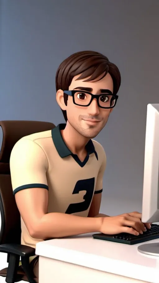 Prompt: 3D Animation 30 year old man, short straight and brown hair, tan skin color and brown eyes, wearing glasses, sitting, in front of the computer