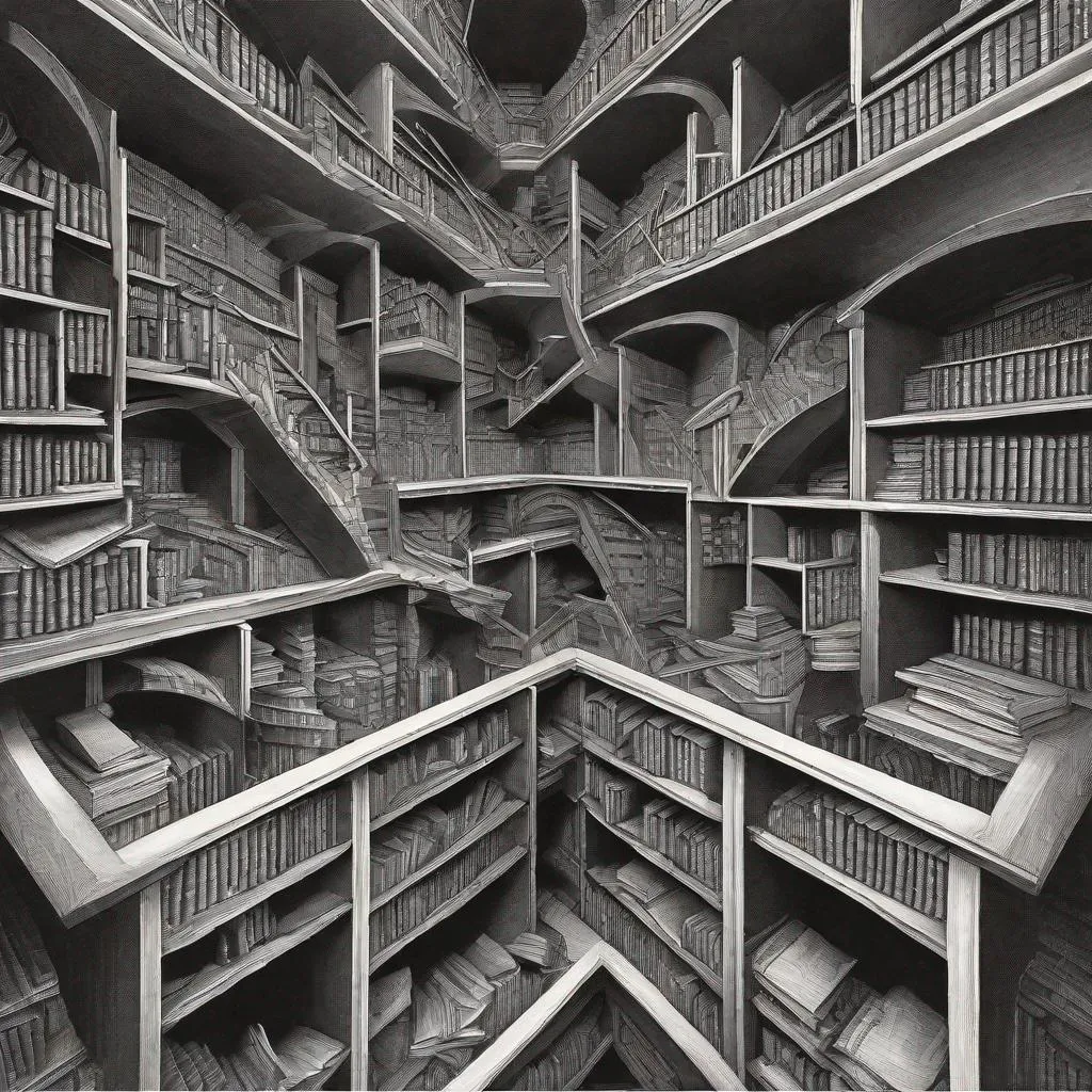 Prompt: M.C. ESCHER BOOKS SHELVES LAW
