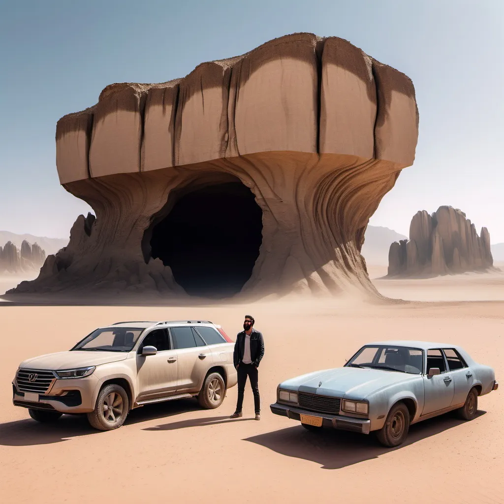 Prompt: a man standing next to a car in the desert with a huge rock formation in the background and a person standing next to it, Amir Zand, regionalism, ultra wide angle, a detailed matte painting