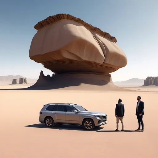 Prompt: a man standing next to a car in the desert with a huge rock formation in the background and a person standing next to it, Amir Zand, regionalism, ultra wide angle, a detailed matte painting