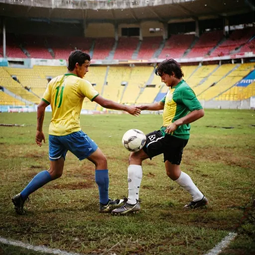 Prompt: Two football players playing in a Brazilian stadium one a Bolivian born in Beni and the Other one a Brazilian