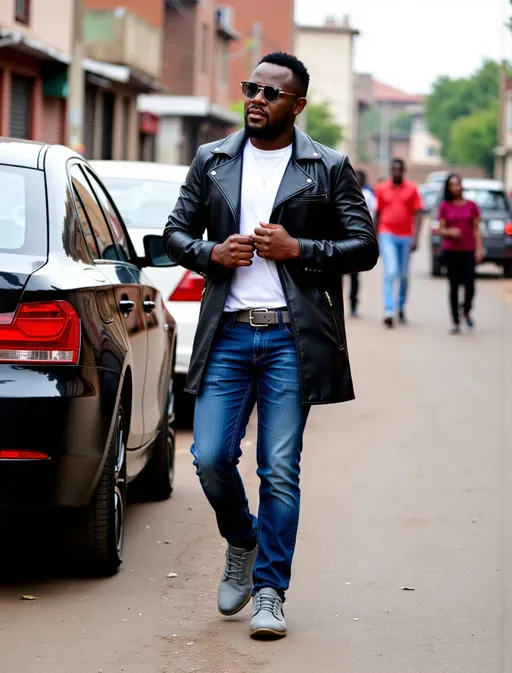 Prompt: @evTjLHOsJdd7CsR4ouj3 is walking in a Cairo road Lusaka, Zambia, on a cool breezy day with various other people in the background of different levels of life. He is wearing a long black leather jacket, a white t shirt, blue jeans and gray boots with a gray belt and he is wearing light shades that show his eyes a bit.The back ground is a bit blurry and he is in focus and is standing next to a black BMW e87 1 series with black rims, 