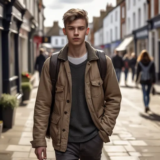 Prompt: Short young man walking down the high street, detailed clothing, realistic, natural lighting