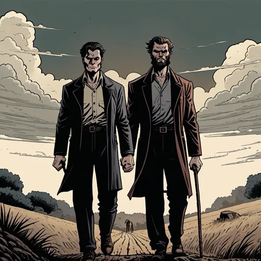 Prompt: Abel and Cain, landfields, detailed, dark colors, dramatic, graphic novel illustration,  2d shaded retro comic book