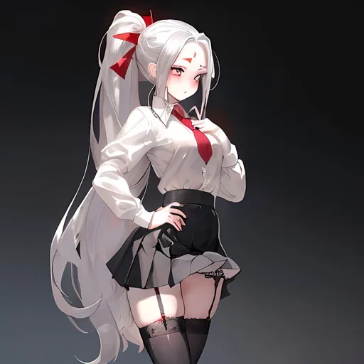 Prompt: Long silvery, whiteish hair put into a ponytail, with a red ribbon, that runs along her back. Has a few bangs that cover her forehead. Has big scarlet eyes. Has long eyelashes and thin eyebrows.Has pale skin with a natural blush on her cheeks. Is short and petite but has a perfect figure. Wears a tight school shirt with the top button undone, that’s tucked into her skirt. Wears a scarlet tie. Wears a black mid thigh skirt with black mid thigh stockings with a garter belt.