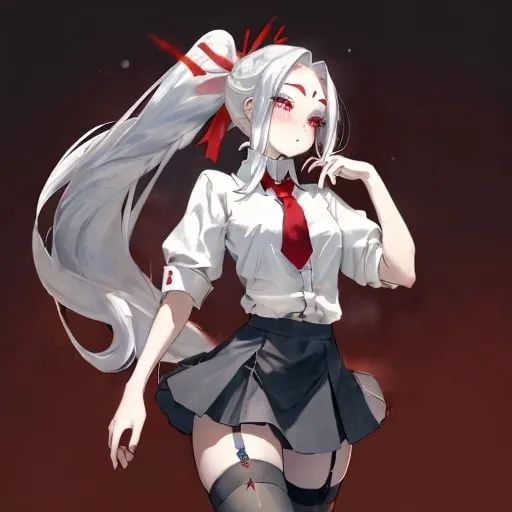 Prompt: Long silvery, whiteish hair put into a ponytail, with a red ribbon, that runs along her back. Has a few bangs that cover her forehead. Has big scarlet eyes. Has long eyelashes and thin eyebrows.Has pale skin with a natural blush on her cheeks. Is short and petite but has a perfect figure. Wears a tight school shirt with the top button undone, that’s tucked into her skirt. Wears a scarlet tie. Wears a black mid thigh skirt with black mid thigh stockings with a garter belt.