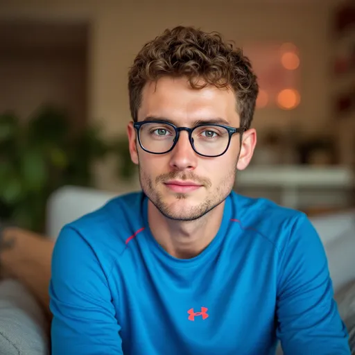 Prompt: A man with short, curly hair sits in a relaxed pose, wearing a bright blue athletic shirt that features red accents. His facial expression is neutral, with glasses framing his eyes, which look directly at the camera, suggesting a moment of contemplation or candidness. The background reveals a softly blurred indoor space with faint hues of pink, indicating a casual environment, possibly at home. The lighting is warm and natural, enhancing his facial features and the texture of his shirt. Overall, the image conveys a sense of everyday life and introspection, capturing a simple yet personal moment.