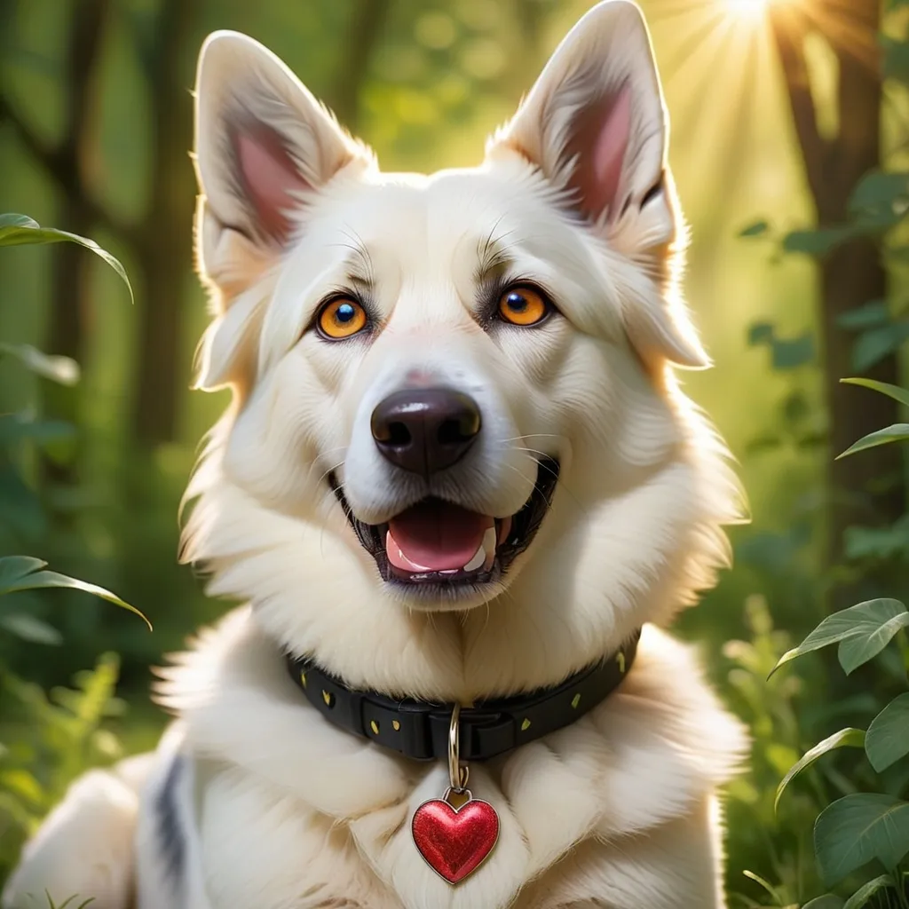 Prompt: White German Shepherd, strikingly beautiful eyes that sparkle with intelligence, adorned with a charming collar featuring a heart-shaped tag, surrounded by a soft, tranquil background of greenery. The warm sunlight bathes the scene, enhancing the dog’s fluffy fur texture, conveying a serene and affectionate mood. High-quality, ultra-detailed, a perfect portrait accentuating every delightful feature of the beloved pet.