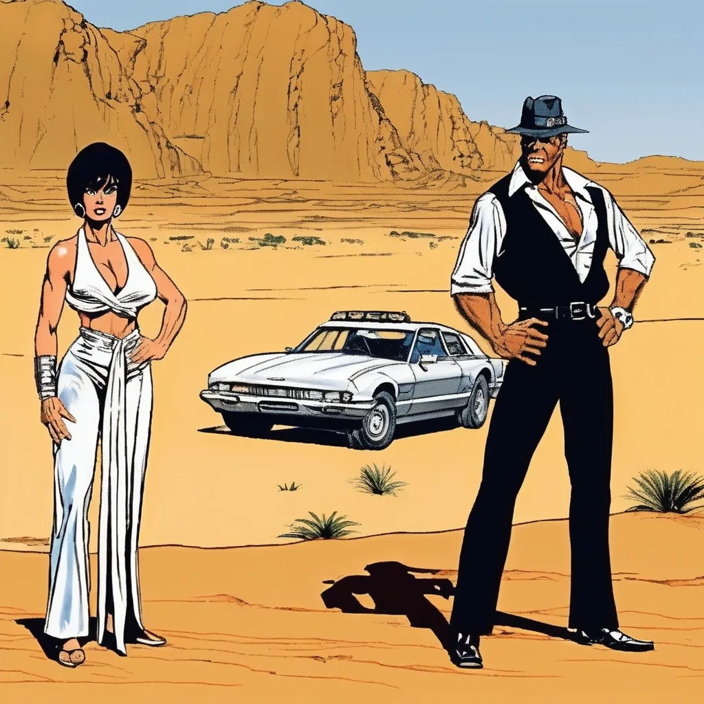 Prompt: Modesty Blaise and Willie Garvin go to the Sahara desert to find a lost artifact. Modesty is in a skimpy outfit and very fit. Willie Garvin in more muscular like a bodybuilder