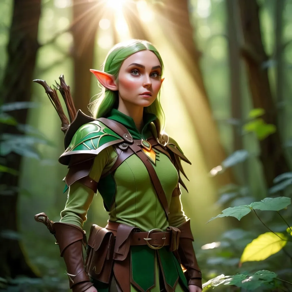 Prompt: Elf ranger in a mystical forest around sunlight