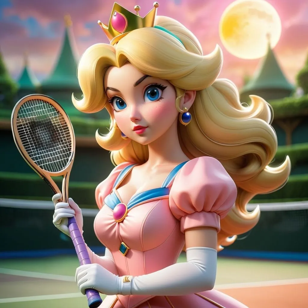 Prompt: Princess Peach standing on luxury tennis court wearing tennis outfit.