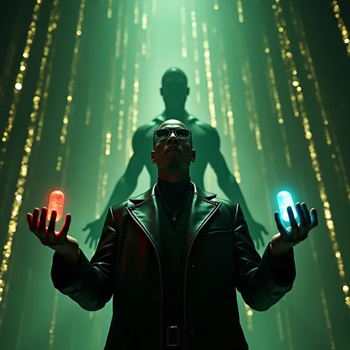 Prompt: A hyper-stylized photorealistic cinematic heroic low-angle close-up of a character that is a hybrid between Morpheus from The Matrix and Jay-Z, standing confidently in the foreground. The character wears a tailored black leather trench coat with futuristic texture detailing, reflective sunglasses with a slight blue tint, and a commanding expression. He holds a vibrant red pill in one hand and a glowing blue pill in the other, palms open in a symbolic offering. Behind him, a surreal digital backdrop features a towering, translucent P Diddy figure, his musculature exaggerated and illuminated with soft neon underlighting. Streams of golden Johnson’s baby oil cascade from above, coded to resemble the iconic falling Matrix glyphs — glistening and flowing in vertical patterns like liquid code. The entire scene is bathed in a cool green and gold digital haze, giving it a hyperreal Matrix-like ambiance. Fine oil mist particles glimmer in the ambient light. Filmed with an ARRI ALEXA 65 camera using a Master Prime 35mm lens, the shot has deep contrast, cinematic depth of field, razor-sharp foreground clarity, and soft, moody bokeh in the backdrop. The lighting emphasizes texture, sheen, and surreal glow, making this hybrid icon larger than life, dreamlike yet grounded in high-definition realism.
