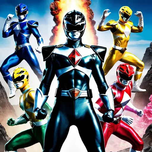 Prompt: a poster of power rangers with the characters in the background of the poster, black ranger center focus, and the title "ASH Rangers", power rangers, ASH, sots art, comic cover art, poster art, explosions 