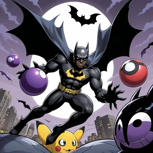 Prompt: Comicbook art. A black man as Batman. Releasing a "gastly" the pokemon from a "Pokemon ball". Background contains multiple "woobat" pokemon flying
