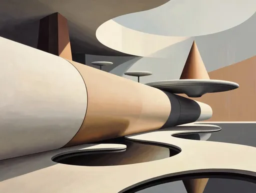 Prompt: Hier ein Nano-Prompt, der das Motiv klar vom Original löst, aber Stil, Ruhe und Farbwelt beibehält und zugleich einfacher zu malen bleibt:

⸻

Nano Prompt

Character / Main Elements
Minimalistische abstrakte Landschaft aus wenigen geometrischen Körpern. Eine breite helle geschwungene Form fließt diagonal durch das Bild wie ein ruhiger Weg oder Fluss. Vereinfachte Formen: ein großer Zylinder, eine flache Kuppel, ein einzelner Kegel und wenige schwebende ovale Plattformen.

Scene Context
Ruhige futuristische Architektur-Landschaft mit spiegelnden dunklen Flächen wie ruhiges Wasser oder polierter Stein. Große offene Flächen, klare Komposition, viel Raum zum Atmen.

Style & Mood
Abstrakt, geometrisch, ruhig, surreal, architektonisch, reduzierte Details, malerische Flächen statt feiner Texturen.

Color Palette
Beige, Sand, Grau, warmes Braun und dunkle Grautöne. Sehr begrenzte Farbpalette pro Fläche, wenig Farbverläufe, gut malbar. Sehr sparsame rote Akzentlinien.

Composition Rules
Neue Anordnung der Formen, nicht wie im Referenzbild. Weniger Elemente, größere ruhige Flächen, klarere Formen. Fokus auf Harmonie und Balance statt Details.

Output
4:3 Format, ruhige Gesamtwirkung, klare große Farbflächen, wenig visuelles Rauschen, geeignet als Vorlage zum Nachmalen.

⸻

Wenn du willst, können wir im nächsten Schritt eine Version machen, die noch stärker Richtung Leinwand-Malerei optimiert ist (größere Flächen, noch weniger Elemente). Deine Entwicklung geht gerade in eine sehr klare Richtung - das wird eine starke eigene Serie.