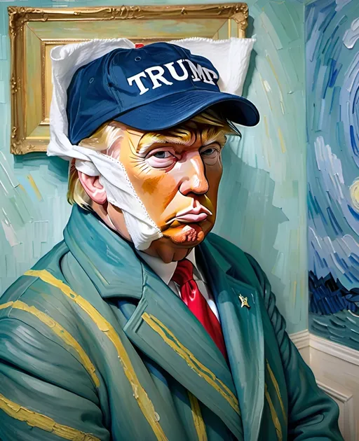 Prompt: Portrait of Donald Trump in the style of Vincent Van Gogh’s “Self-Portrait with Bandaged Ear” with a piece of white cotton fabric covering his entire ear