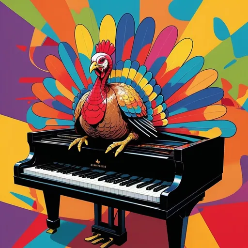 Prompt: (pop art style), vibrant color scheme, whimsical turkey playing a grand piano, dynamic composition, bold outlines, exaggerated features, energetic ambiance, high contrast colors, playful expression, captivating background with abstract shapes, ultra-detailed, immersive visual experience, perfect for a lively and cheerful atmosphere.