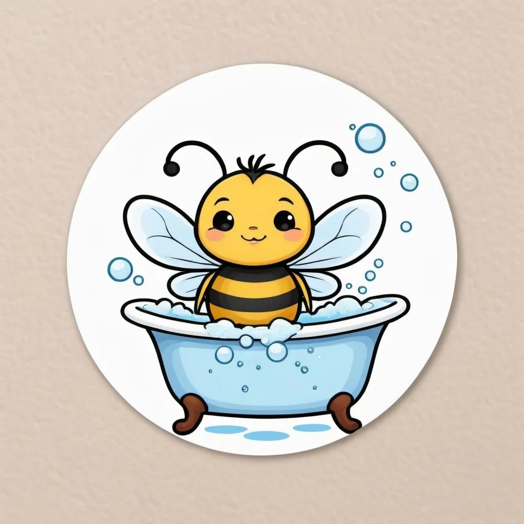 Prompt: Design a round sticker of a cute bee chibi style, taking a bubble bath