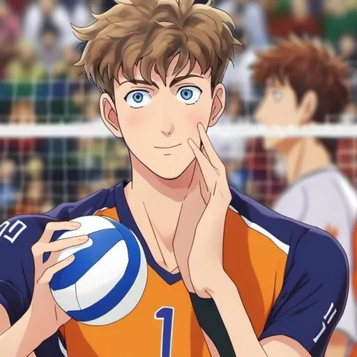 Prompt: <mymodel>Blue eyes, volleyball player, Haikyuu anime style