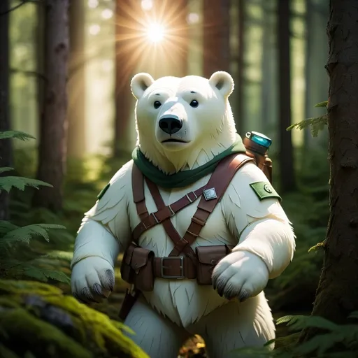 Prompt: polarbear  ranger in a mystical forest around sunlight