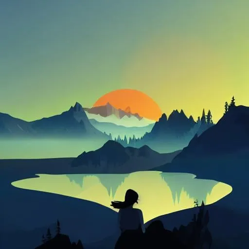 Prompt: Multiple layers of silhouette mountains behind a blue lake, with silhouette of woman with brown curls sitting on a rock, sharp edges, at sunset, with heavy fog in air, vector style, horizon silhouette Landscape wallpaper by Alena Aenami, firewatch game style, vector style background