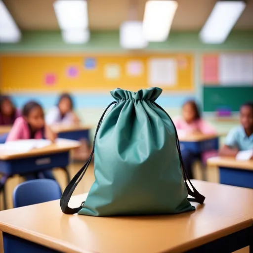 Prompt: bag, blurry, blurry background, blurry foreground, classroom, depth of field