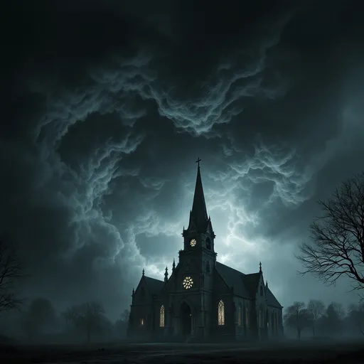 Prompt: photorealistic, photo-film noir style, dark color scheme, moody atmosphere, a giant menacing cloud looming ominously above a church, lifelike details in the cloud, shadowy tendrils emerging from the cloud, threatening to engulf the church, dramatic lighting casting sinister shadows, cold and eerie ambiance, high depth cinematic masterpiece, ultra-detailed, HD quality, tension-filled scene