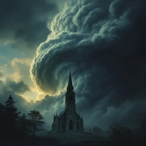 Prompt: photorealistic, photo-film noir style, dark color scheme, moody atmosphere, a giant menacing cloud looming ominously above a church, lifelike details in the cloud, shadowy tendrils emerging from the cloud, threatening to engulf the church, dramatic lighting casting sinister shadows, cold and eerie ambiance, high depth cinematic masterpiece, ultra-detailed, HD quality, tension-filled scene