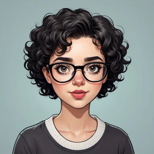 Prompt: A cartoon style white girl with short black curly hair and big glasses 