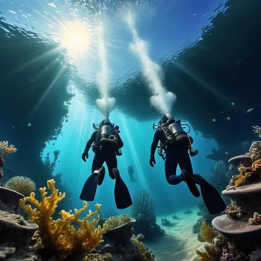 Prompt: (North Sea, navy divers), (dynamic underwater scene), rich marine life, exploring sunken ships, (vibrant blues and deep greens), dramatic sunlight beams piercing the water, (highly detailed), showcasing intricate diving gear, intense expressions of wonder and teamwork, (adventurous atmosphere), (4K resolution), scattered bubbles rising, seascape filled with mystery and exploration.