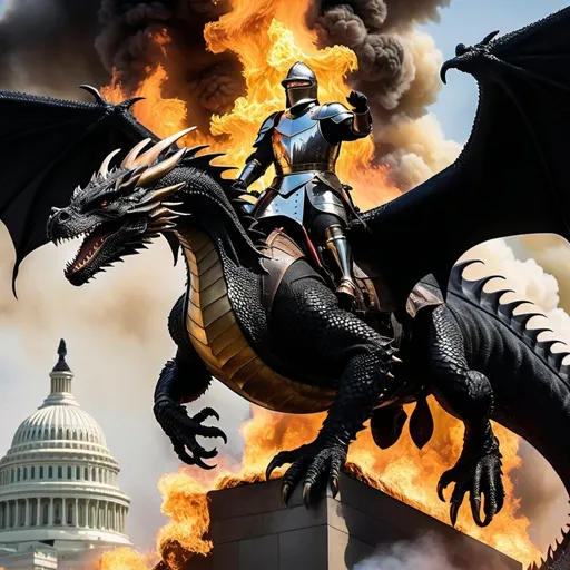 Prompt: Donald Trump, in knights armor, flying in the sky, on a giant, black dragon, burning down Washington DC