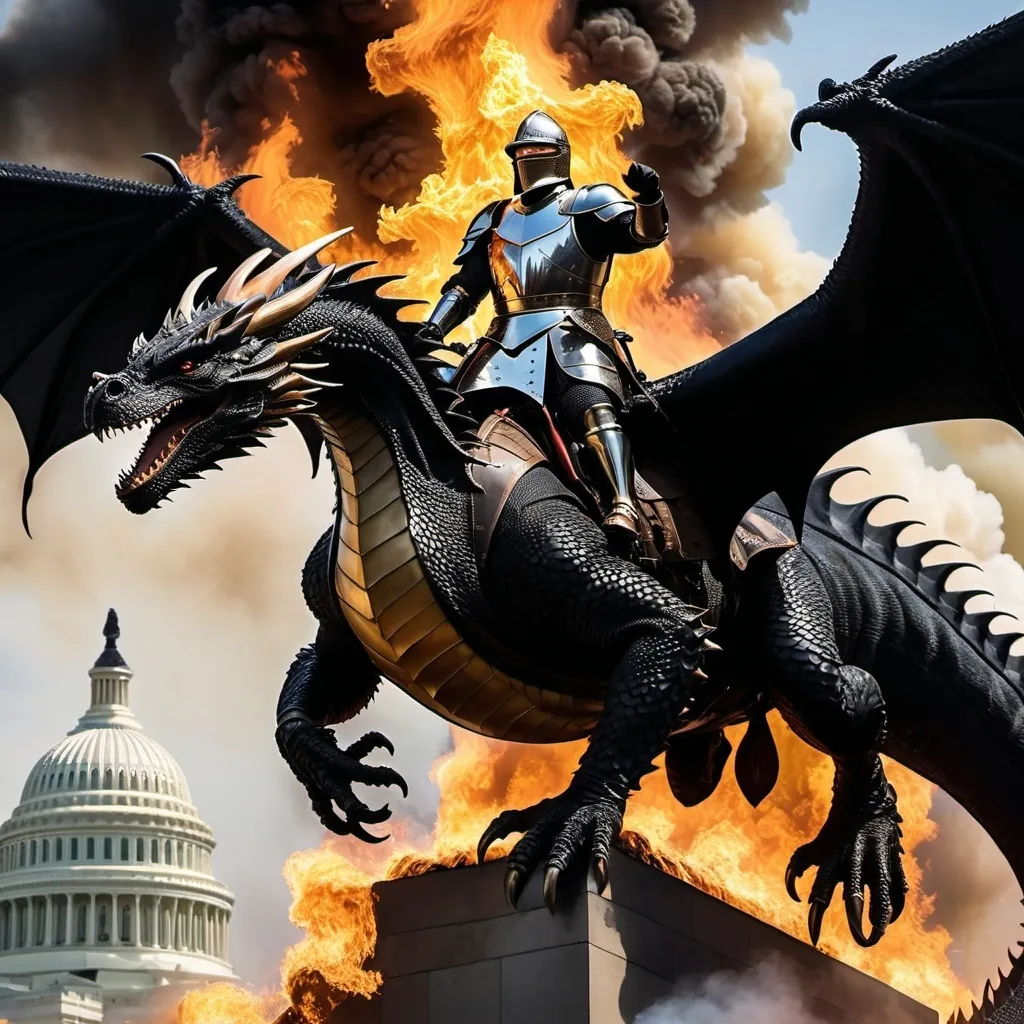 Prompt: Donald Trump, in knights armor, flying in the sky, on a giant, black dragon, burning down Washington DC