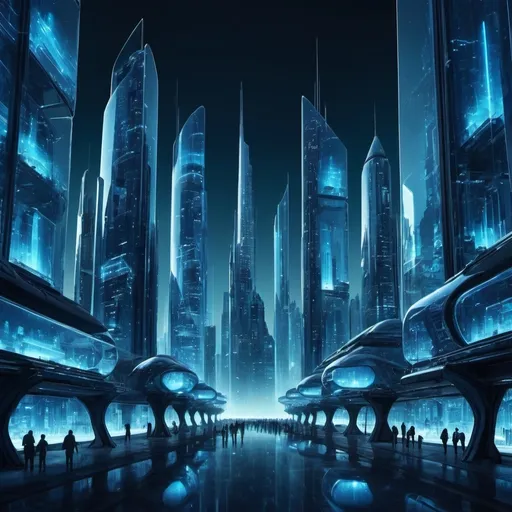 Prompt: Immense futuristic city made of glass, nighttime, ambiant blue glow