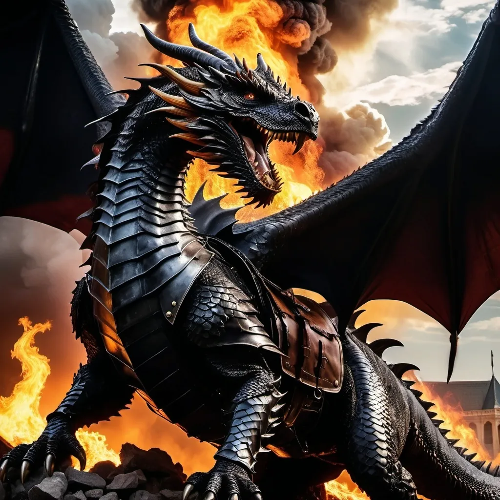 Prompt: Donald Trump, in knights armor, flying in the sky, on a giant, black dragon, burning down Washington DC