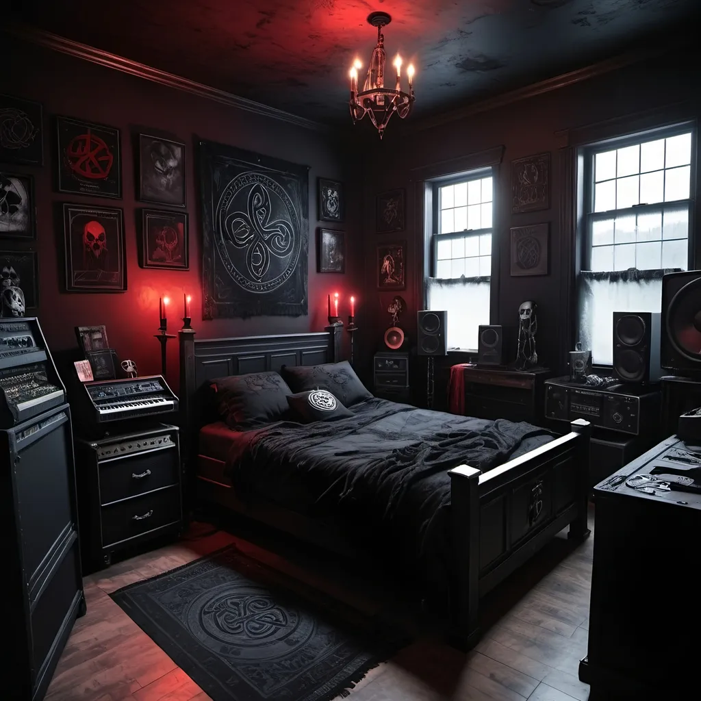 Prompt: Visual Agression by celtic frost inspired bedroom