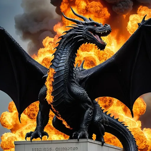 Prompt: Donald Trump, flying on a giant, black dragon, burning down Washington DC