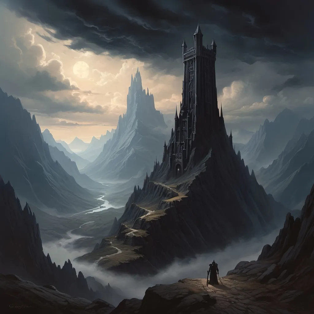 Prompt: a painting of an evil black tower in an evil land, and a sky background with clouds and mountains, Christophe Vacher, fantasy art, matte fantasy painting, a detailed matte painting