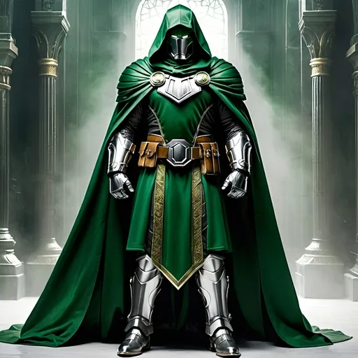 Prompt: Doctor doom, heavy Victorian armor, intricate, beautiful, green hooded long cape, arms crossed, powerful stance