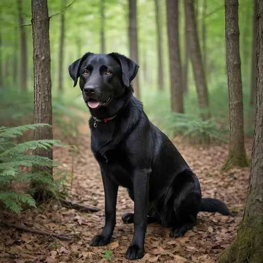 Prompt: Black Labrador shepherd mix, in the woods