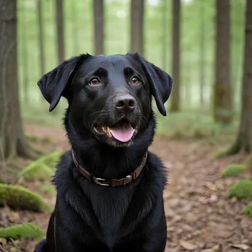 Prompt: Black Labrador shepherd mix, in the woods