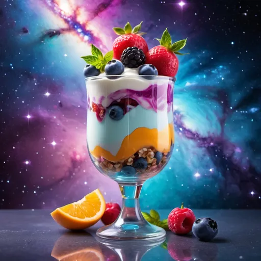 Prompt: Yogurt parfait in space, cosmic theme, vibrant colors, high quality, surrealistic, galaxy background, swirling nebula, sparkling stars, delicious fruits, creamy texture, translucent glass, cosmic atmosphere, best quality, highres, vibrant colors, surrealistic, cosmic, swirling nebula, sparkling stars, delicious fruits, creamy texture, translucent glass, cosmic atmosphere