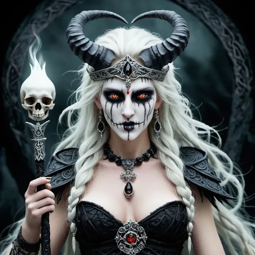 Prompt: Trading card art of the Norse goddess of death Hel, Half evil, half good