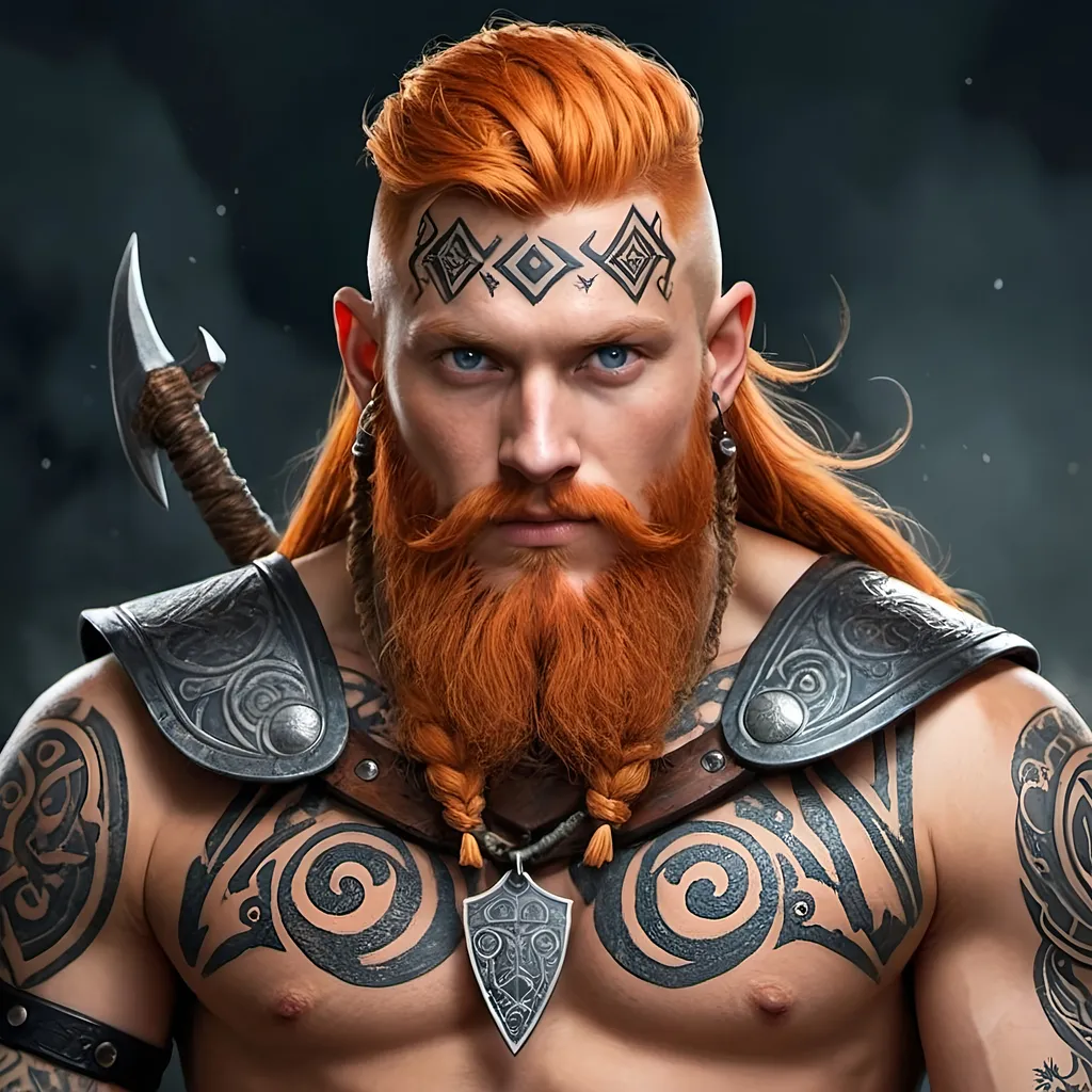 Prompt: Trading card art of the Norse god Balder,  dark orange hair, Nordic tattoos